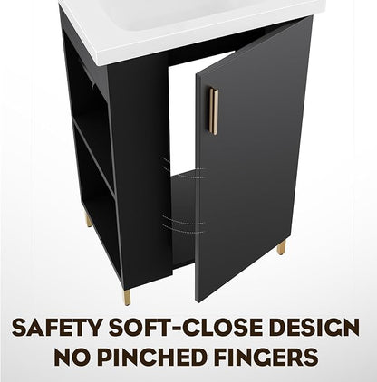 20 Inch Black Freestanding Bathroom Vanity, Pre-Assembled Bathroom Cabinet with Ceramic Sink, Soft-Close Door, Left Side Storage, Fit for Small Bathrooms, No Faucet, BV05-20-PUREBLACK-PLUS
