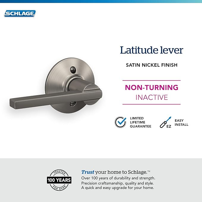 Schlage F170 LAT 619 Latitude Door Lever, One Sided Non-Turning Dummy Door Handle, Satin Nickel