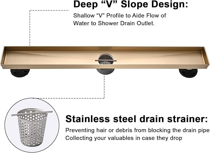 Linear Shower Floor Drain, Brushed Gold 40 Inch 304 Stainless Steel Bathroom Drains Kit, Rectangular Shower Trench Drain with Reversable Tile-in Pattern Drain Cover & Hair Catcher