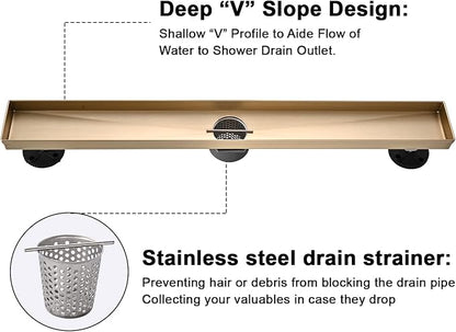 Linear Shower Floor Drain, Brushed Gold 40 Inch 304 Stainless Steel Bathroom Drains Kit, Rectangular Shower Trench Drain with Reversable Tile-in Pattern Drain Cover & Hair Catcher