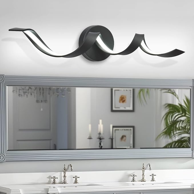 Modern LED Bathroom Vanity Lights, 24inch Dimmable Black Bathroom Lighting Fixture Over Mirror 15W Spiral Design LED Wall Light Fixtures 6000K