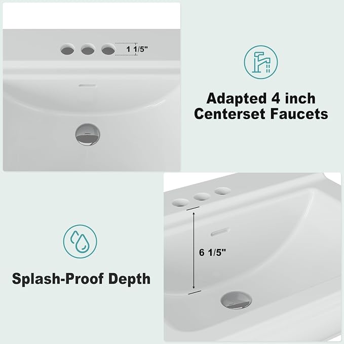 Bathroom Pedestal Sinks,Rectangular Pedestal Sink 26" W X 20" D Modern White Ceramic Bathroom Sink With Overflow and 3 Pre-Drilled Holes - Fits 4-Inch Faucets