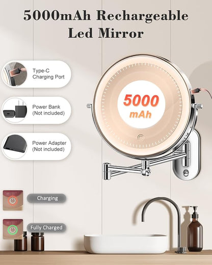 20X 9" Wall Mounted Magnifying Makeup Mirror with Light Height Adjustable | 5000mAh Double Sided Rechargeable LED Lighted Vanity Mirror with Magnification 3 Color Light up Extended Arm 360 Rotation
