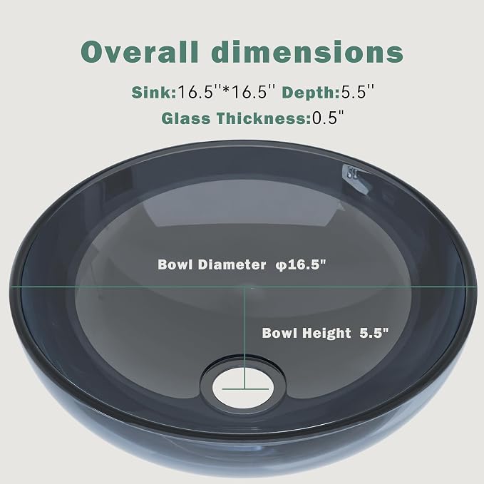 Design Vessel Sink Bathroom Sink above counter Small Vessel Sink Bathroom Sink Bowl Countertop Modern Sinks with faucet and drain combo 16.5" Round Transparent New