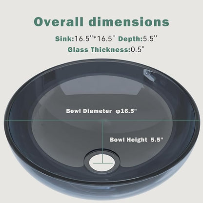 Design Vessel Sink Bathroom Sink above counter Small Vessel Sink Bathroom Sink Bowl Countertop Modern Sinks with faucet and drain combo 16.5" Round Transparent New