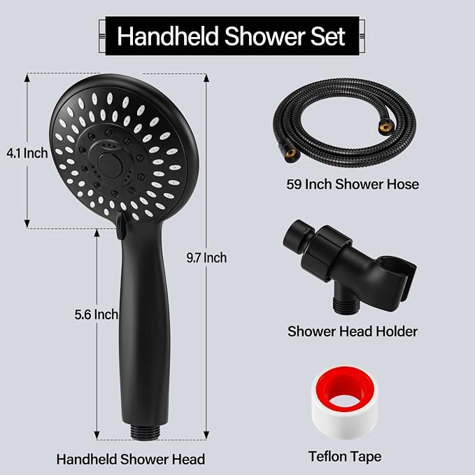 Handheld Shower Head High Pressure 5-Settings with Hose, Matte Black | Powerful Water Spray, Against Low Pressure Water Flow, 59 Inch Stainless Hose, Adjustable Mount