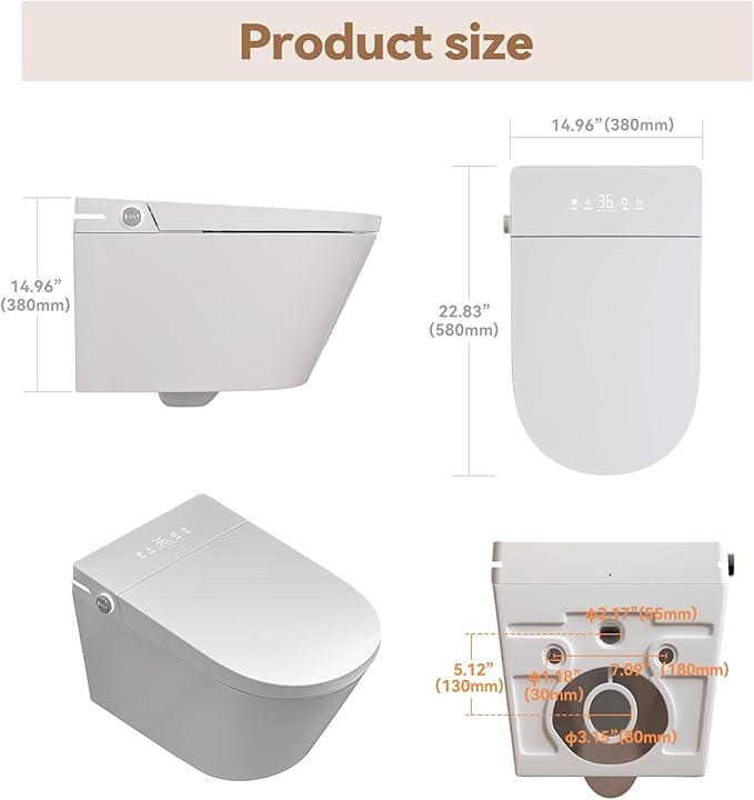 Wall Hung Smart Toilet, Elongated Wall Hung Toilet with Bidet Built In, Heated Seat, Warm Water Wash, Air Dryer, Auto Flush, Foot Sensor Flush, Auto Open and Close Lid