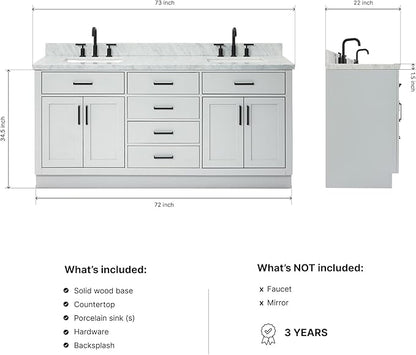 DKB Isabella 72 Inch Bathroom Vanity Double Sink — Grey Bathroom Vanity with Sink, 1.5" Edge Italian Carrara Marble Countertop & Backsplash, 4 Soft-Close Doors, 4 Dovetail Drawers, and 2 Tilt Drawers
