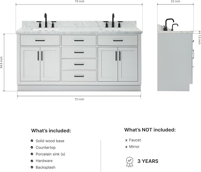 ARIEL Hepburn 72-inch Bathroom Vanity with Sink,Solid Wood, 1.5-inch Italian Carrara Marble Countertop, Double Rectangular Porcelain Sink, 4 Soft Closing Doors, 6 Dovetail Drawers, Grey