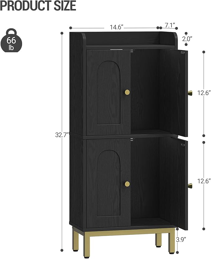 Bathroom Cabinet, Small Storage Cabinet with 4 Doors, Bathroom Organizers and Storage Cabinets with Adjustable Feet. Cabinets Freestanding for Living Room, Kitchen, 7.1"D x 14.6"W x 32.7"H