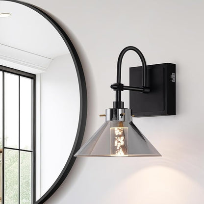 Modern Glass Gooseneck Wall Sconce, Dimmable Hardwired Vanity Light with Switch, Farmhouse Lamp for Bathroom Mirror Living Room Bedroom Kitchen