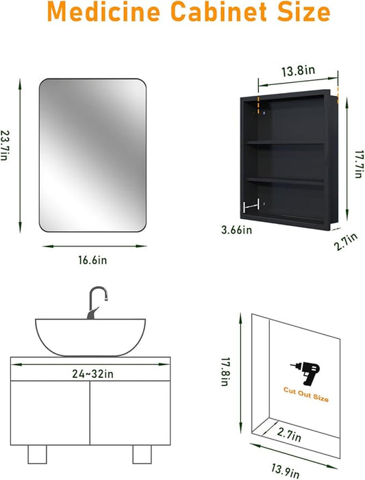16"x24" Bathroom Medicine Cabinet with Mirror, Recessed and Surface Mount Medicine Cabinet Bathroom Mirror with Storage, Waterproof Black Metal, Stable and Removable 2 Metal Shelves, Easy Installation