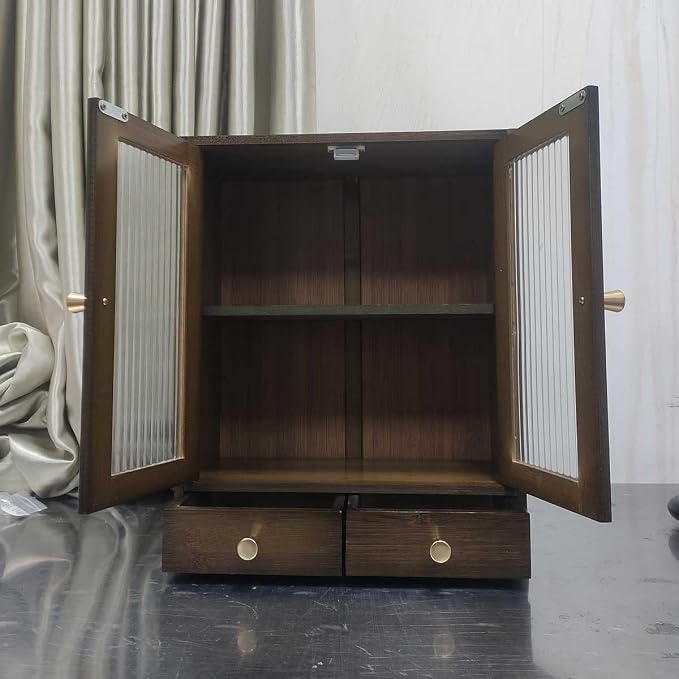 Brown Bamboo Countertop Cabinet Ribbed Magnetic Glass Doors with 2 Drawers | 14.6"W×6.7"D×18.1"H cabinet with adjustable inner shelves, multi-use for kitchen bedroom bathroom office sideboard storage