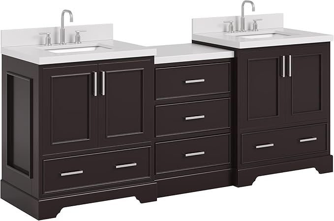 ARIEL Stafford 84-inch Bathroom Vanity with Sink,Solid Wood, 1.5in Pure White Quartz Countertop & Backsplash, Double Rectangular Porcelain Sink, 4 Soft Closing Doors, 5 Dovetail Drawers, Espresso