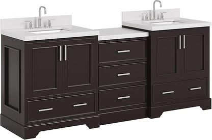 ARIEL Stafford 84-inch Bathroom Vanity with Sink,Solid Wood, 1.5in Pure White Quartz Countertop & Backsplash, Double Rectangular Porcelain Sink, 4 Soft Closing Doors, 5 Dovetail Drawers, Espresso