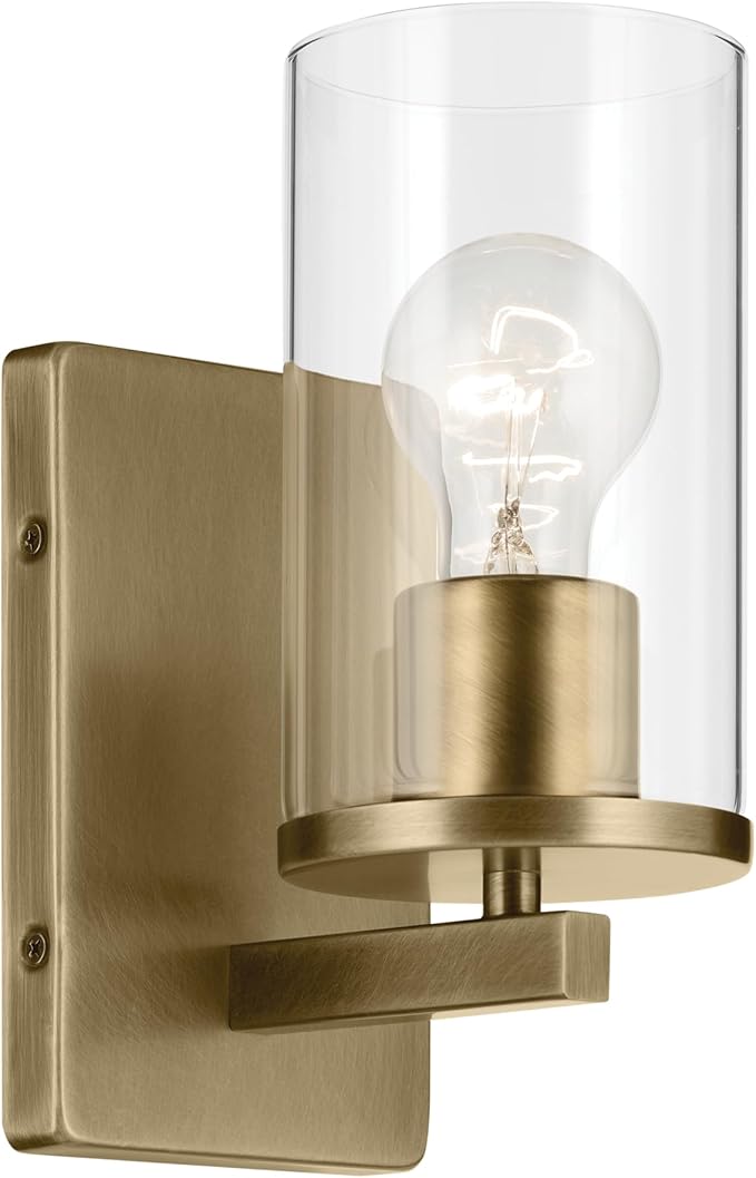 Crosby 4.5" 1-Light Wall Sconce with Clear Glass in Natural Brass, for Bathroom, Powder Room, Hallway, Kitchen, Bedroom, Fireplace, (4.5" x 9.25"), 45495NBRCLR