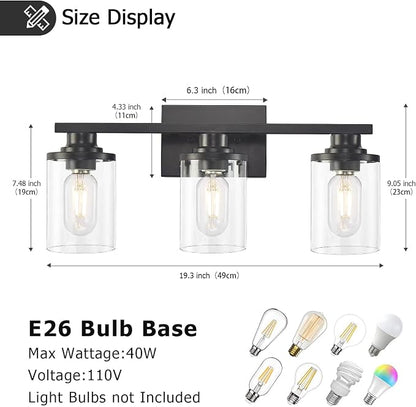 3 Light Black Bathroom Vanity Light Fixtures with Clear Glass Shade, Modern Wall Sconces Lighting for Bathroom Over Mirror