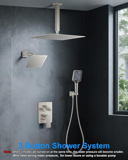 Shower System with Pressure Balance Valve, 12" Ceiling Mount Shower Faucet Set with 2 Rain Shower Head And Multi-function Handheld Head Push Button Diverter Pressure Balancing Valve Kit,Brushed Nickel