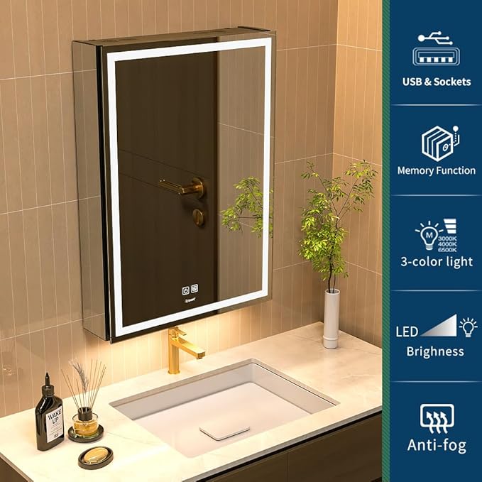 LED Lighted Bathroom Medicine Mirror Cabinet with Sockets & USBs, Anti-Fog Dimmable Light and Color Adjustment, Easy to Install Aluminum Cabinet (20 * 28 Right Hinge)