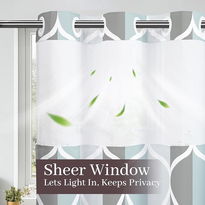 Gelbchu Gray No Hook Shower Curtain with Snap-in Liner, 71 x 80 Inch | Built-In Hooks, Mesh Top Window, Water-Repellent, Machine Washable, Quick Drying, Premium Polyester, Hotel Style, Modern