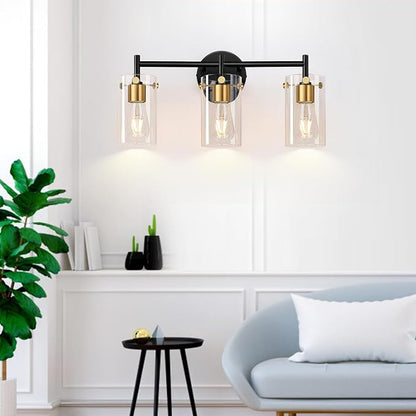 Indoi Bathroom Light Fixtures, 3-Light Black and Gold Vanity Light, Black Bathroom Lights Over Mirror with Clear Glass Shade for Mirror Bedroom Living Room