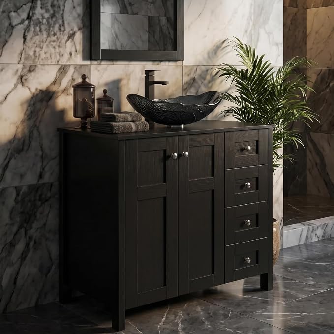 32'' Bathroom Vanity with Sink, Modern Bathroom Cabinet, Black | 2 Soft-Close Cabinet Doors, 4 Drawers, 2-Tier Inner Shelf, Freestanding Large Storage Cabinet, Silver Leaf Glass Sink