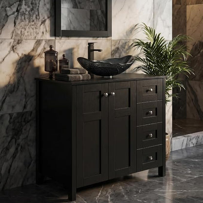32'' Bathroom Vanity with Sink, Modern Bathroom Cabinet, Black | 2 Soft-Close Cabinet Doors, 4 Drawers, 2-Tier Inner Shelf, Freestanding Large Storage Cabinet, Silver Leaf Glass Sink