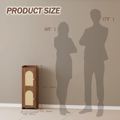 Arbuxzuy Rattan Bathroom Storage Cabinet with 2 Doors and Adjustable Shelf | Brown Corner Floor Cabinet, Narrow Toilet Paper Cabinets with 2Hooks,Toilet Organizer for Small Spaces, 7.87"D*9.84"W*29.72"H