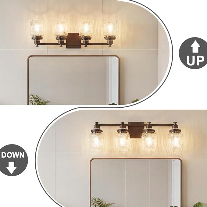 4 Light Bathroom Vanity Light Fixtures Farmhouse Oil Rubbed Bronze | ETL Certificate, Easy to Install,Wall Mount Up or Down,Hammered Glass Lampshade,E26 Socket,Hardwired,120V