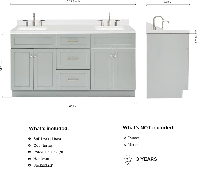 DKB Bradford 66-Inch Grey Double Bathroom Vanity, 1.5-Inch Carrara Quartz Countertop & Splash, Double Rectangular Sinks, 2 Soft Closing Doors, 3 Dovetail Drawers, Toe Kick, Brushed Nickel