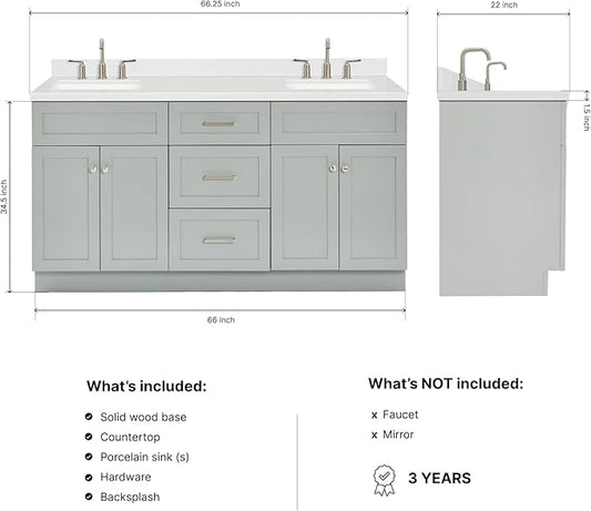 DKB Bradford 66-Inch Grey Double Bathroom Vanity, 1.5-Inch Carrara Quartz Countertop & Splash, Double Rectangular Sinks, 2 Soft Closing Doors, 3 Dovetail Drawers, Toe Kick, Brushed Nickel