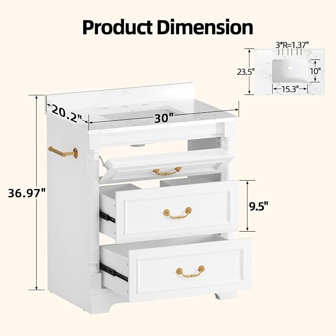 YESHOMY 30" Bathroom Vanity with Sink, Marble-Look Countertop, White | Freestanding Storage Cabinet with Ceramic Basin, Tilt-Out Drawer and Additional Drawers for Bathroom