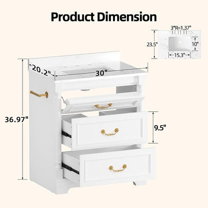 YESHOMY 30" Bathroom Vanity with Sink, Marble-Look Countertop, White | Freestanding Storage Cabinet with Ceramic Basin, Tilt-Out Drawer and Additional Drawers for Bathroom