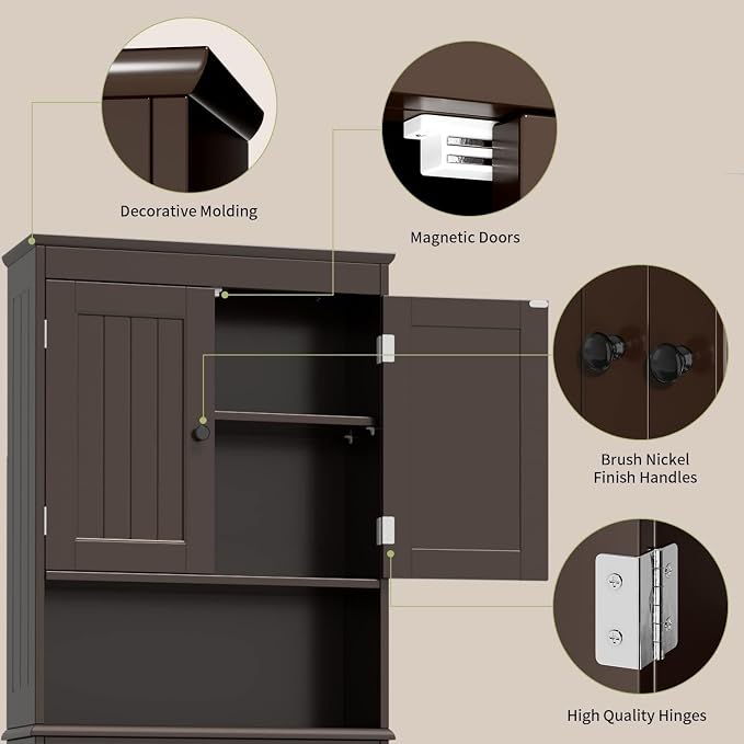 Gizoon Over the Toilet Storage Cabinet with Adjustable Shelf, Espresso | Bathroom Space Saver Organizer Above Toilet with Open Shelf and Double Doors, Taller Wooden Free Standing Toilet Rack