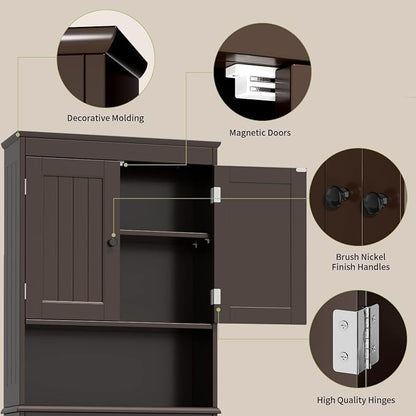 Gizoon Over the Toilet Storage Cabinet with Adjustable Shelf, Espresso | Bathroom Space Saver Organizer Above Toilet with Open Shelf and Double Doors, Taller Wooden Free Standing Toilet Rack