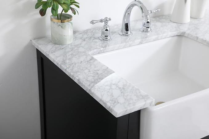 36" Pre-Assembled Bathroom Vanity with Sink, Solid Birch and MDF, Carrara White Marble Countertop Attached, Single Rectangle Porcelain Sink, 3 Soft-Close Drawers, Black