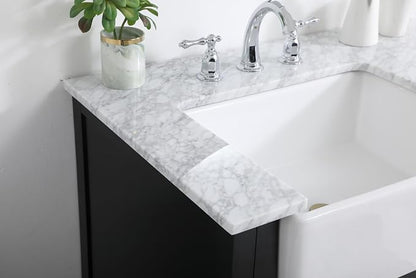 36" Pre-Assembled Bathroom Vanity with Sink, Solid Birch and MDF, Carrara White Marble Countertop Attached, Single Rectangle Porcelain Sink, 3 Soft-Close Drawers, Black
