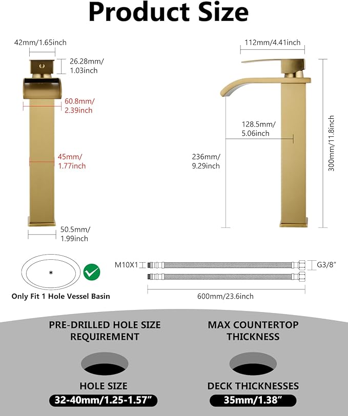 Vessel Sink Faucet Waterfall Tall Bathroom Faucet Single Handle,Single Hole Lavatory Vanity Mixer Tap with Pop Up Drain and Supply Lines,Brushed Gold