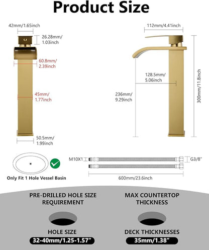 Vessel Sink Faucet Waterfall Tall Bathroom Faucet Single Handle,Single Hole Lavatory Vanity Mixer Tap with Pop Up Drain and Supply Lines,Brushed Gold