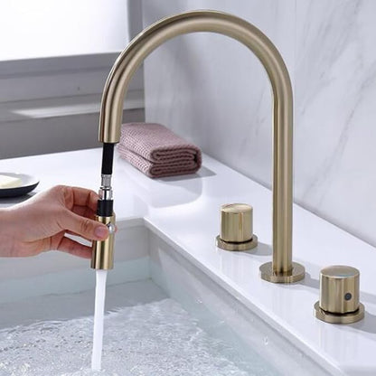 3 Hole Basin Faucets Pull Out Basin Mixer Faucet Bathroom Mixer Faucet 2 Mode Nozzle Hot and Cold Water Brass Double Handle-Black