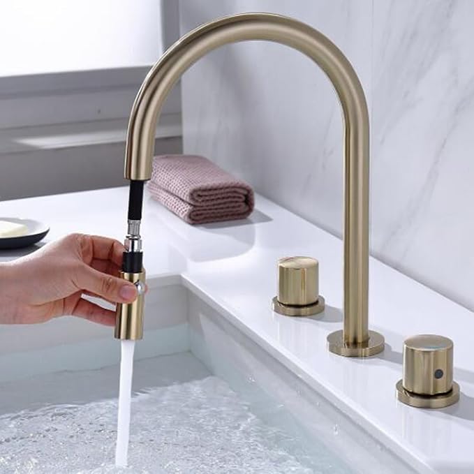3 Hole Basin Faucets Pull Out Basin Mixer Faucet Bathroom Mixer Faucet 2 Mode Nozzle Hot and Cold Water Brass Double Handle-Chrome Plated