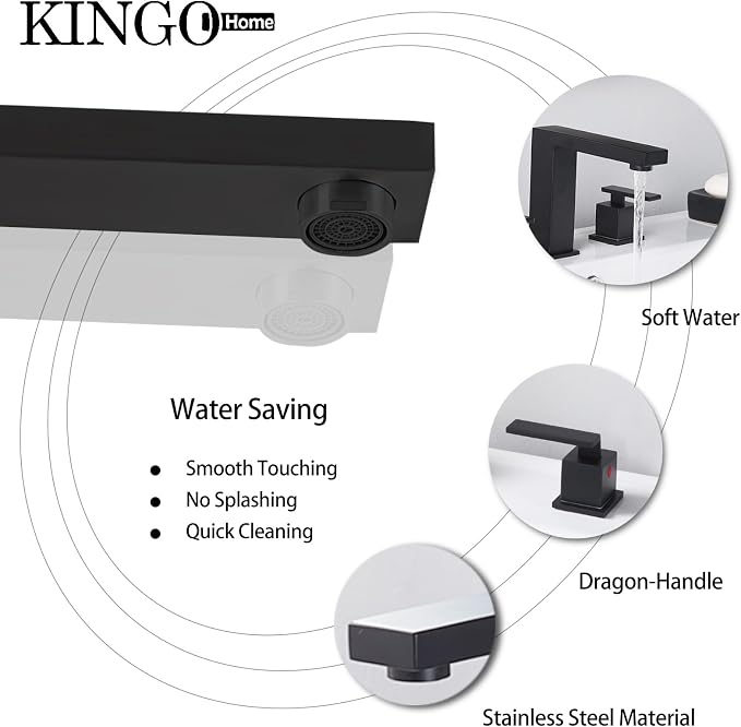 Matte Black Bathroom Faucet 3 Hole, Two Handle 8 Inch Widespread | Comes with Supply Lines & Pop-Up Drain, Easy Deck Mount, Square Shape, Fits Bathroom Vanity Sink, Powder Room & RV Sink