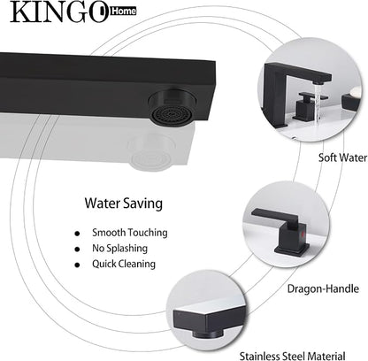 Matte Black Bathroom Faucet 3 Hole, Two Handle 8 Inch Widespread | Comes with Supply Lines & Pop-Up Drain, Easy Deck Mount, Square Shape, Fits Bathroom Vanity Sink, Powder Room & RV Sink