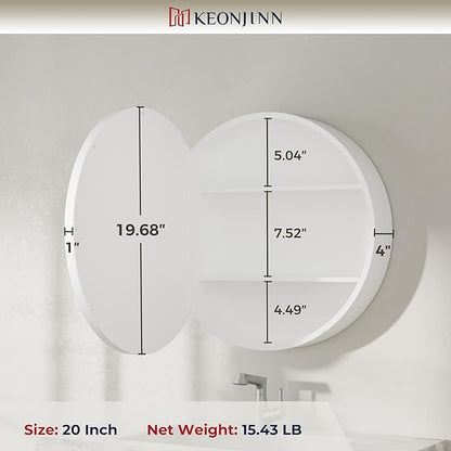 Keonjinn 20 Inch Round Medicine Cabinet with Mirror, White Surface Mount Only Mirror Medicine Cabinet, Modern Medicine Cabinets with Mirror, Metal Framed Bathroom Vanity Mirror with Storage