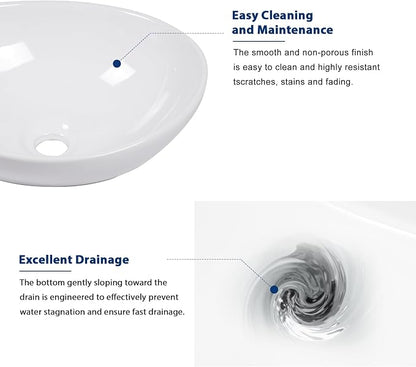 Sarlai Oval Vessel Sink - 16"x13" Bathroom Sink Oval Shape Above Counter White Porcelain Ceramic Bathroom Vessel Vanity Sink Art Basin