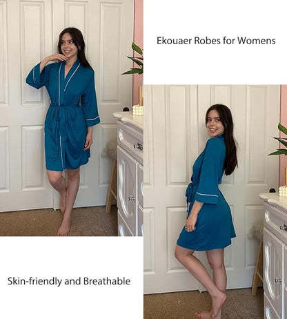 Ekouaer Women Kimono Robes Knee Length Knit Bathrobe Lightweight Soft Sleepwear V-neck Casual Ladies Loungewear