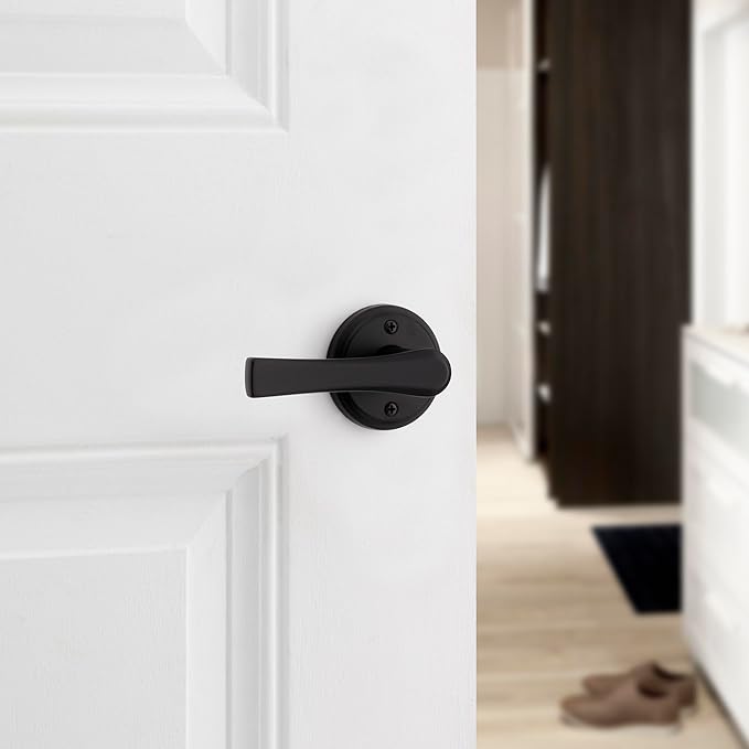 Kwikset Katella Interior Privacy Door Handle with Lock, Door Lever For Bathroom and Bedroom, Matte Black Reversible Keyless Push Button Lock Door Lever, with Microban Protection