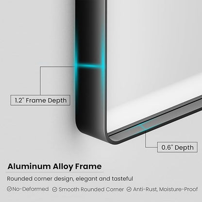 Black Bathroom Mirror 50X30 Inch, Black Metal Framed Mirror for Wall, Rounded Rectangle Matte Bathroom Vanity Mirror with Tempered Glass, Anti-Rust, Horizontal/Vertical