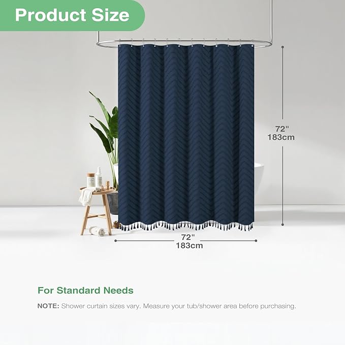 Dynamene Boho Farmhouse Shower Curtain, Navy Blue Fabric Tufted Chevron Striped Textured Tassel Shower Curtains for Bathroom, Water Repellent, Minimalist Cloth Shower Curtain Set with Hook, 72x72