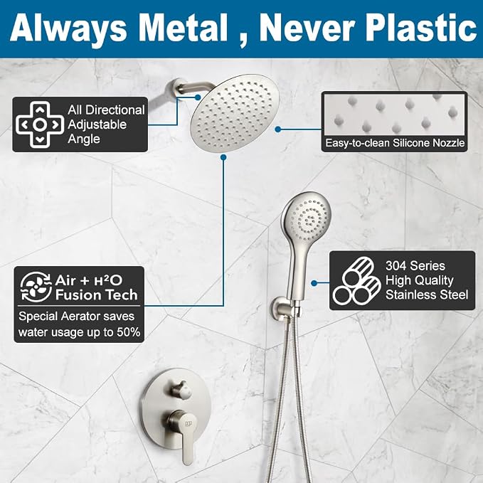 Shower Faucet Set Brushed Nickel 8 Inch Rain Shower Head and Handle Set Bathroom Rainfall Shower System Wall Mounted Shower Fixture Include Shower Valve and Trim Kit